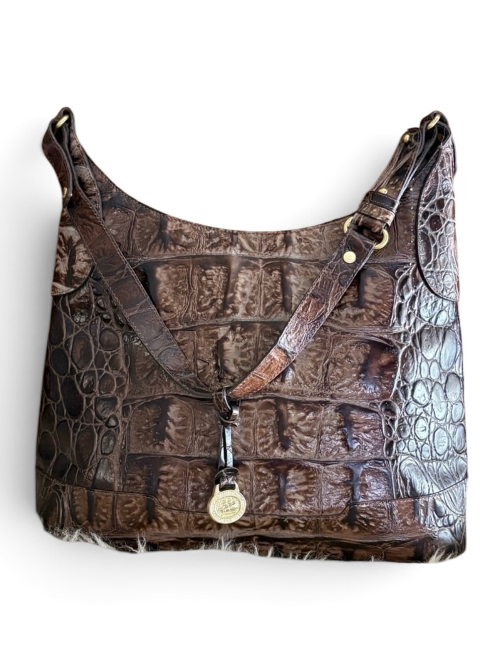 Brahmin Esme Crocodile-Embossed Leather in Pecan Melbourne Satchel Bag with COA